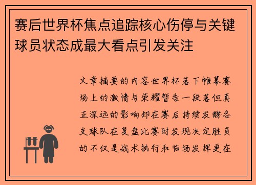 赛后世界杯焦点追踪核心伤停与关键球员状态成最大看点引发关注