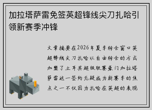加拉塔萨雷免签英超锋线尖刀扎哈引领新赛季冲锋
